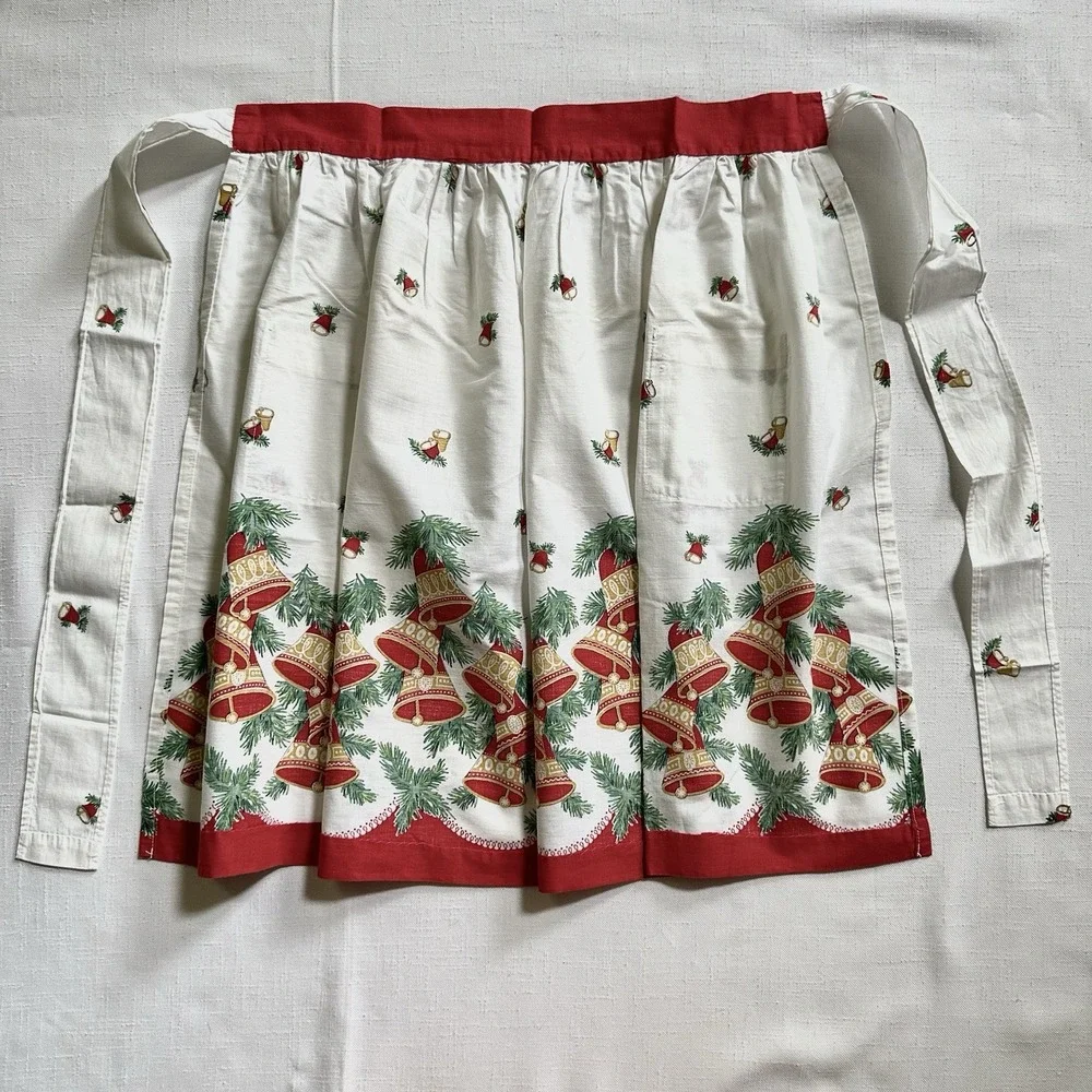Vtg MCM Christmas Half Apron 1950s Holly Berry Festive Bells 21.5